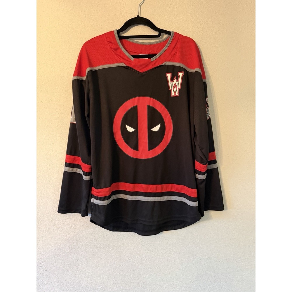 Men's Marvel Deadpool Black Graphic Hockey Long Sleeve Jersey Size M ( 38-40 )‎